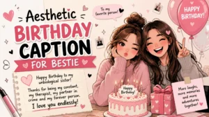 Birthdays feel magical, but they feel even more special when it’s your best friend’s day. You want the perfect words that match your feelings, your memories, and your vibe. That is where an aesthetic birthday caption for bestie becomes important. It helps you express love in a simple but beautiful way. A single caption can turn a normal post into something unforgettable. 🎉 In today’s social world, people don’t just post pictures. They share emotions. A good caption makes your best friend feel valued, seen, and loved. It also helps your post stand out on Instagram, TikTok, and WhatsApp stories. That is why choosing the right words matters more than ever. This guide gives you deep, creative, and ready-to-use captions for every mood and style. How to Celebrate aesthetic birthday caption for bestie Celebrating your best friend is not just about gifts or cake. It is about making them feel special with words, actions, and memories. Here are simple and meaningful ways to celebrate: Plan a surprise party 🎉 Create a memory video montage Post a heartfelt caption with photos Write handwritten notes Share a nostalgic throwback reel Gift something personal and emotional Spend quality time together Recreate old memories Make a birthday playlist Post an aesthetic story countdown Now let’s explore captions that match every celebration mood and vibe. 1. aesthetic birthday caption ideas for bestie Instagram glow-up vibes You shine brighter every year bestie ✨ Aesthetic soul, golden heart, endless love 💖 My best friend is pure magic today Forever glowing with you by my side Soft hearts and birthday sparks 🎉 You are art in human form Bestie, your aura is unmatched Birthday glow hits different with you You make life look aesthetic Dreams look better with you in them Golden memories with my favorite soul You are my favorite aesthetic moment The world feels prettier with you Birthday vibes + bestie energy = perfect Stay soft, stay shining, stay you My feed is better because of you You are the definition of beautiful chaos Every picture with you is art Aesthetic life starts with you Happy birthday to my forever vibe 💫 2. cute aesthetic birthday captions for best friend short vibes Love you forever bestie 💖 My heart in human form Best day for my favorite soul 🎉 You are my happy place Cutest soul, sweetest birthday Always better together My best friend, my home You = pure happiness Born to shine today Forever my safe space Tiny words, big love You make life softer My daily dose of joy Birthday love overload 💕 Always in my heart You are my comfort Simple soul, big magic Smiles start with you My forever person Today is your glow day 3. emotional aesthetic birthday captions for bestie friendship love You are my chosen family 💖 Life is better because of you I am lucky to call you mine You stayed when others left My heart knows your name Through every season, you stayed You are my strongest bond Best friends like you are rare I found home in you You understand my silence Our friendship is my treasure You are my safe forever I would choose you again You are my life’s soft chapter Thank you for being you My soul recognizes yours We grew together beautifully You make life meaningful Forever grateful for you Happy birthday to my heart 💫 4. funny aesthetic birthday captions for bestie vibes humor edition Aging like fine chaos 😂 Still my favorite troublemaker You’re not old, just upgraded Birthdays = cake license 🎂 Too cool to age properly Bestie still acts 5 years old Warning: getting more iconic daily Another year, same nonsense Cake calories don’t count today Growing older but not wiser We survived another year together Born to be dramatic Officially vintage but cute You age, I stay chaotic Still broke but fabulous Birthday queen of confusion Leveling up in drama skills Bestie still owes me snacks Aging but make it aesthetic Chaos and cake forever 🎉 5. aesthetic birthday captions for bestie Instagram stories & reels Watch her glow today ✨ Main character energy unlocked Birthday vibes in full aesthetic mode She’s the moment always Soft edits for a soft soul Bestie deserves the spotlight Today’s mood: pure magic Aesthetic vibes only for her Every second feels cinematic Birthday reel of dreams Golden hour with my bestie She makes life a movie Beauty in every frame Soft life, soft celebration Her day, her magic Trending: best friend love Aesthetic moments captured forever Happiness looks like her Birthday story loading love 💖 She is the vibe 🎉 6. short aesthetic birthday captions for bestie copy paste ready Forever you 💖 Bestie magic ✨ My soul twin Endless love 🎉 Stay golden Always us Pure vibes only Love in frames My forever glow You = happiness Soul connection Best friend energy Stay soft Dream girl vibes My safe place Always together Birthday bliss Light of life True bond You shine 💫 7. trending aesthetic birthday captions for bestie 2026 viral vibes 2026 glow belongs to you ✨ Bestie energy = unstoppable trend Viral friendship moment unlocked New year, same bestie love Trending: pure friendship goals You are internet favorite vibe Aesthetic queen of 2026 Best friend era is trending Life feels like a highlight reel Birthday vibes going viral You define modern friendship Social media loves your energy 2026 = your glow year Breaking internet with cuteness Friendship goals unlocked daily Bestie is the main trend Viral love, real bond You set the aesthetic standard Birthday post = instant trend Forever trending together 🎉 FAQs – aesthetic birthday caption for bestie What is an aesthetic birthday caption for bestie? It is a stylish and emotional caption used to express love for your best friend on their birthday, often shared on Instagram or social media. How do I write a unique birthday caption for my best friend? Use simple emotional words, add personal memories, and keep it short and natural. Avoid overused phrases. Why are aesthetic captions important for birthday posts? They make your post more engaging, emotional, and visually appealing, helping it stand out on social platforms. Can I use short captions for Instagram stories? Yes, short captions work best for stories because they are quick, catchy, and easy to read. What makes a birthday caption go viral? Emotional connection, relatability, simplicity, and aesthetic wording increase the chances of going viral. Should I add emojis in birthday captions? Yes, but keep them minimal. Emojis help express emotions and improve visual appeal. Conclusion A best friend’s birthday is not just a date. It is a celebration of love, memories, and connection. Choosing the right aesthetic birthday caption for bestie helps you express emotions in a beautiful and meaningful way. Whether you want something cute, funny, emotional, or trendy, the right words can make your post unforgettable. aesthetic birthday caption for bestie